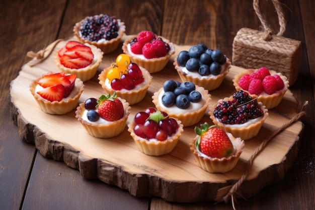 Obsttörtchen mit lebendigen Beeren auf einem Holzbrett, erstellt mit generativer KI