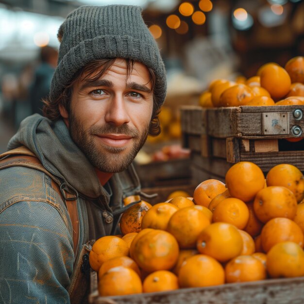 Obstverkäufer mit einer Kiste Orangen an einem Marktstand