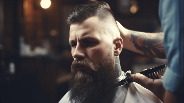 Obtendo a forma perfeita Vista lateral em close de um jovem barbudo sendo cortado pela barbeira na barbearia