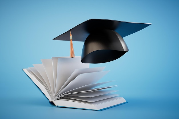 Obtener educación superior, un libro abierto y una gorra de maestro en un render 3D de fondo azul