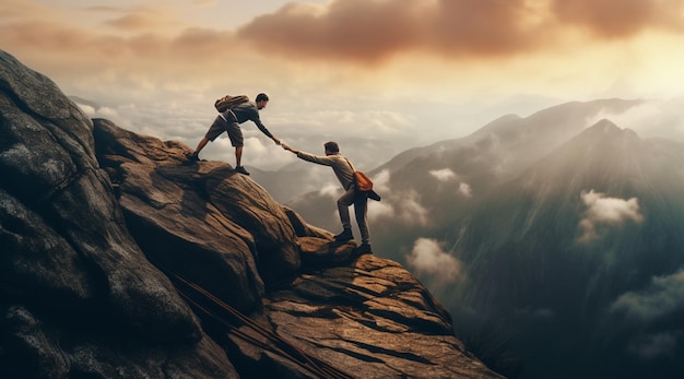 Obtener una mano amiga con dos personas que se curan entre sí para escalar la cima de la montaña