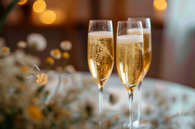 Ocasión alegre copas de champán en alto en la celebración de la boda