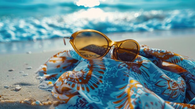 Foto ocasiones descansando en la toalla por la playa azul cuidado de la visión bajo un cielo soleado aig