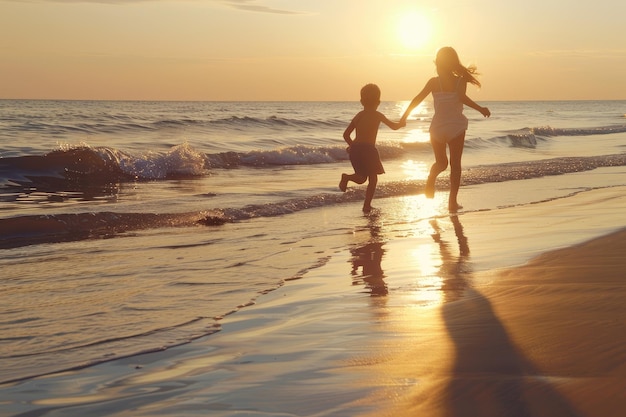 Foto oceanic jog una carrera al atardecer con un niño y una niña