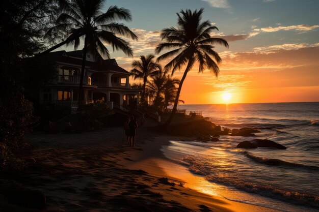 El océano abrazado por la playa de la mansión hermosa imagen del amanecer