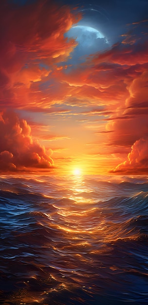 Oceano ao pôr-do-sol com nuvens ao fundo