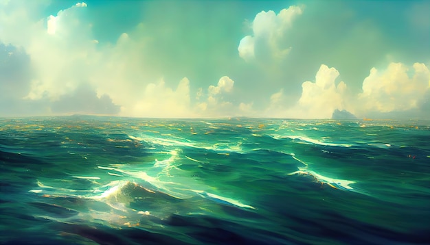 Oceano áspero com grandes ondas do mar Mar ondulado e bonito O Oceano Pacífico está furioso Ilustração digital pintura digital