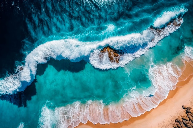 El océano azul agita la costa y la costa Vista superior desde un dron aerotransportado IA generativa