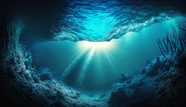 Un océano azul con luz brillando a través del agua.