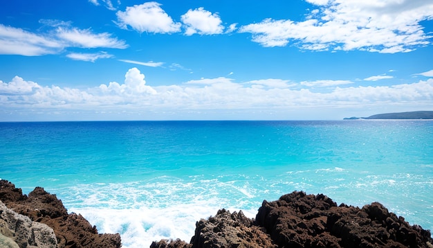 El océano azul y las rocas de la playa.