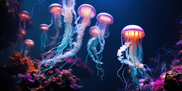 Oceano de águas-vivas de néon coloridas