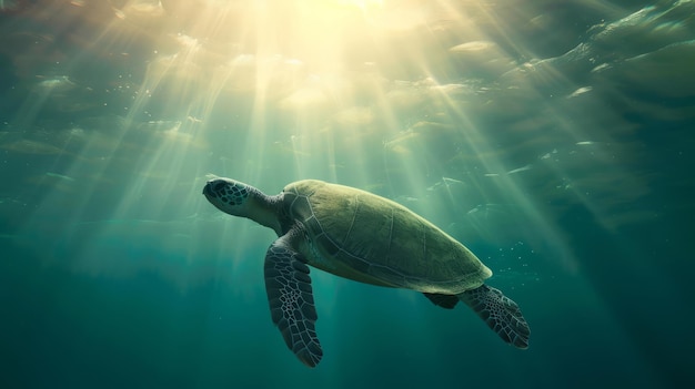 Oceano e tartaruga nadando debaixo d'água em águas claras para turismo, férias, aventura e viagens