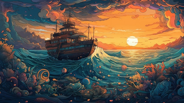 Oceano generativo de IA no estilo de mangá psicodélico de ilustração linear do pôr do sol altamente detalhado