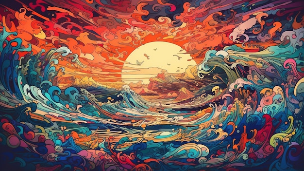 Oceano generativo de IA no estilo de mangá psicodélico de ilustração linear do pôr do sol