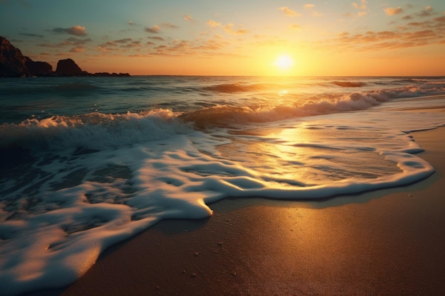 Oceano no verão está caindo na praia no pôr do sol