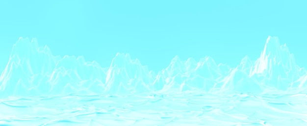 Oceano Ártico com fundo de montanhas nevadas. Paisagem congelada azul com renderização 3d de colinas cristalinas na manhã gelada branca. Deserto frio da Antártida com neve e ar fresco