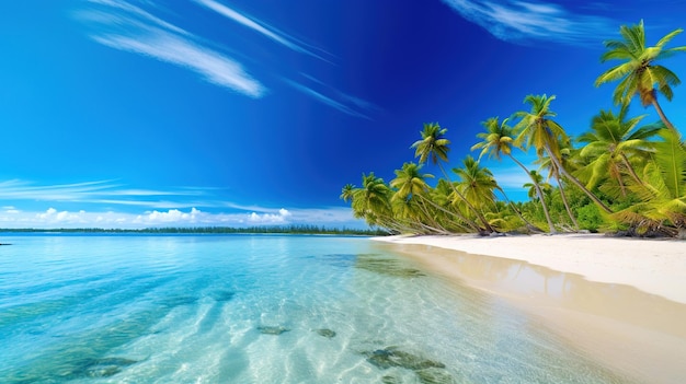 oceano sereno e praia com águas cristalinas e palmeiras verdejantes paraíso tropical