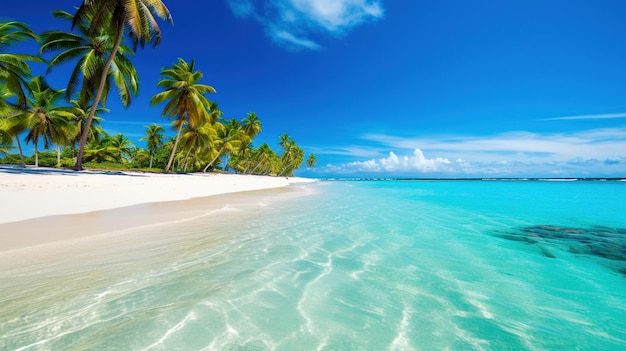 oceano sereno e praia com águas cristalinas e palmeiras verdejantes paraíso tropical