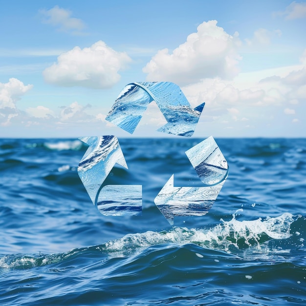 Un océano con un símbolo de reciclaje de agua en el medio, icono de reciclado de residuos de agua en fondo oceánico