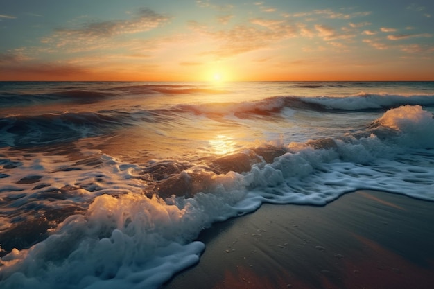 El océano tranquilo en verano está cayendo sobre la playa al atardecer con buenas olas