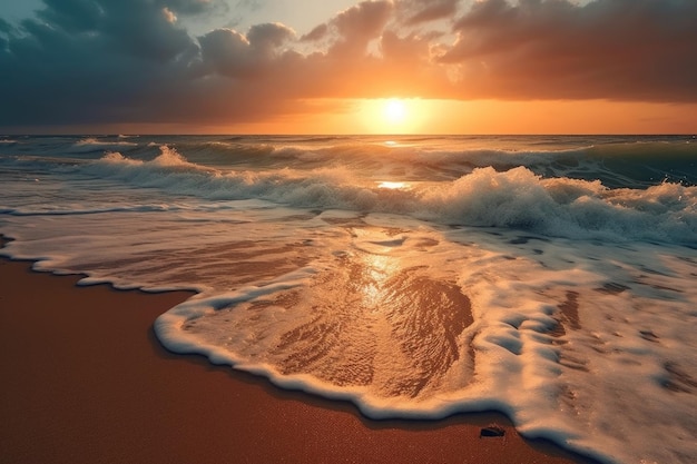 El océano de verano está cayendo sobre la playa con olas.