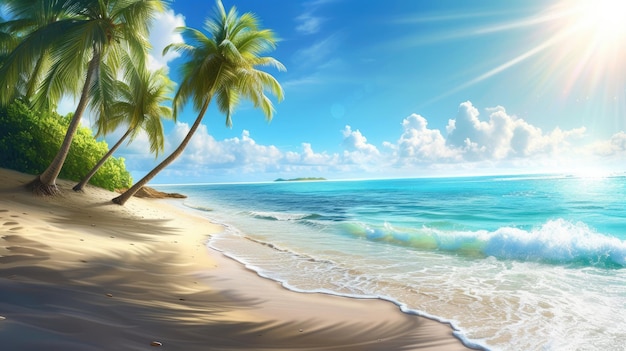 Oceanos e palmeiras numa praia tropical com areia e sol