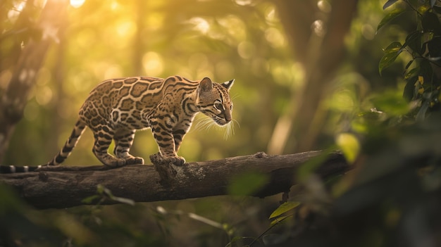 Ocelot caminando en un tronco de árbol suspendido en el bosque