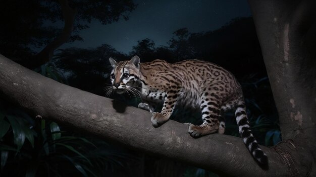 Foto un ocelot muy raro en la noche de la selva brasileña