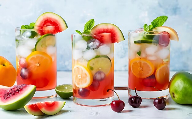 Ocho cócteles alcohólicos con rodajas de naranja hielo rebanadas de sandía cerezas pera y pepinos