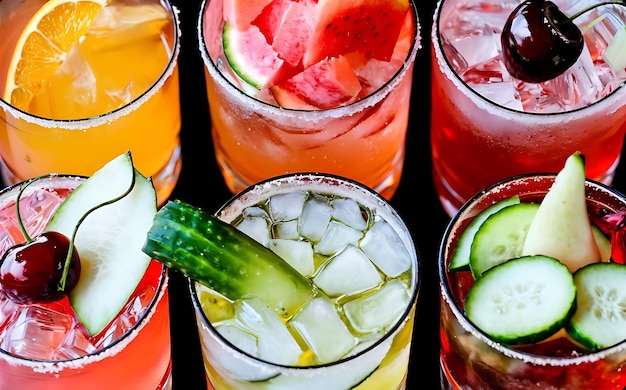 Foto ocho cócteles alcohólicos con rodajas de naranja hielo rebanadas de sandía cerezas pera y pepinos