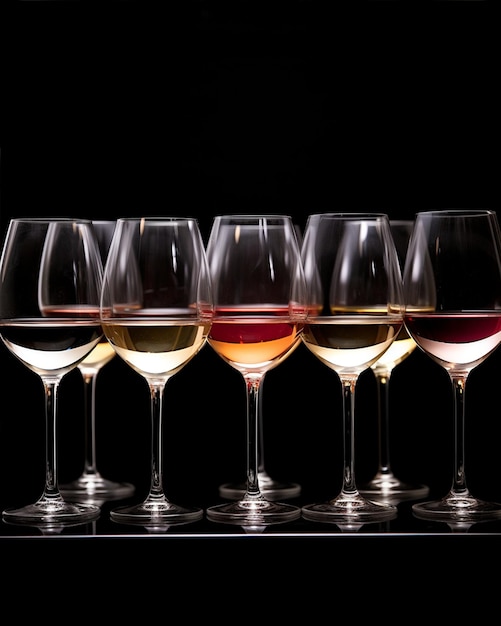 Foto ocho copas de vino dispuestas en una mesa negra