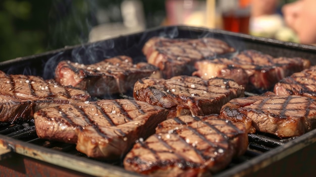 Ocho filetes de carne jugosos y tiernos chisporroteando en una parrilla caliente