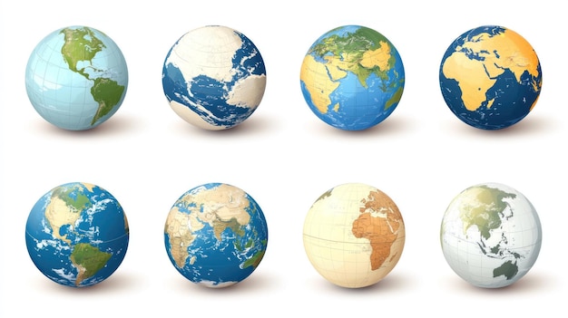Ocho globos que representan diferentes mapas del mundo y terrenos