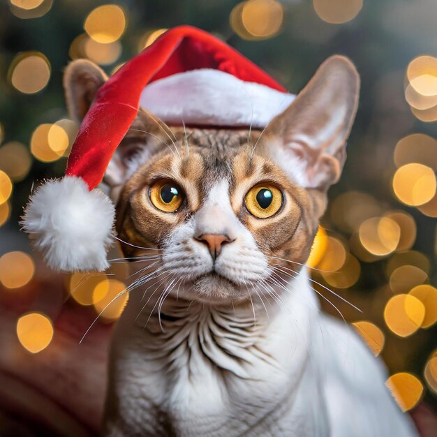 Ocicat Opulence Gato con un sombrero de Papá Noel abraza el Año Nuevo con elegancia manchada