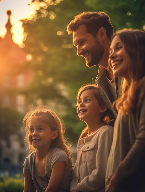 Ocio familiar feliz madre padre y dos hijos pequeños haciendo un picnic en el parque de verano