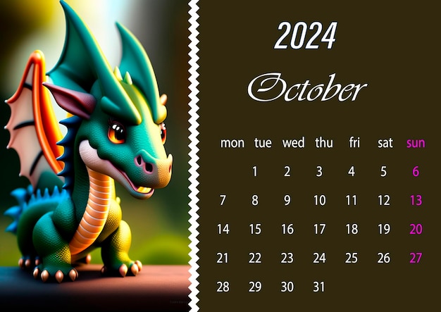 Foto octoberdragoncalendario vectorial europeo simple de 2024 años