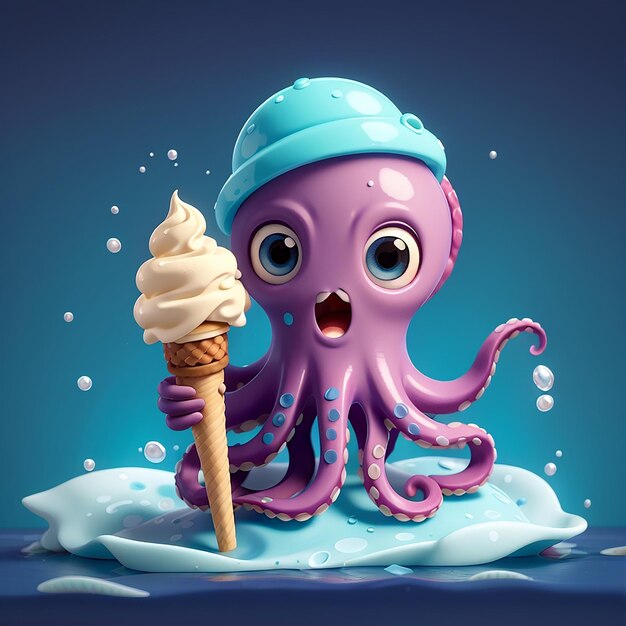 Octopus Cute segurando sorvete Popsicle Ícone de desenho animado vetorial Ilustração Ícone de comida animal Conceito isolado Premium Vector Flat Estilo de desenhos animados