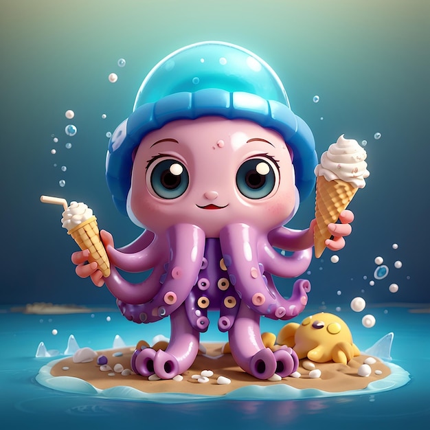 Foto octopus cute segurando sorvete popsicle ícone de desenho animado vetorial ilustração ícone de comida animal conceito isolado premium vector flat estilo de desenhos animados