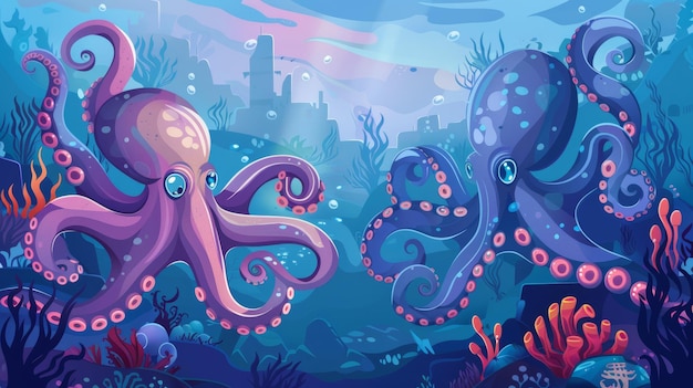 Foto octopus debaixo d'água em cartaz marinho com ilustração de desenho animado da paisagem do fundo do oceano com animais marinhos gigantes e chupadores em tentáculos