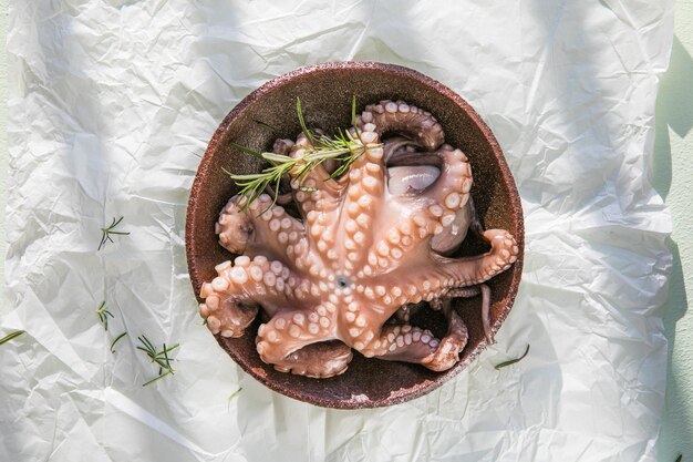 Octopus ist roh zum Kochen bereit Kreatives Konzept für gesundes Essen mit Fotos von köstlichen Meeresfrüchten