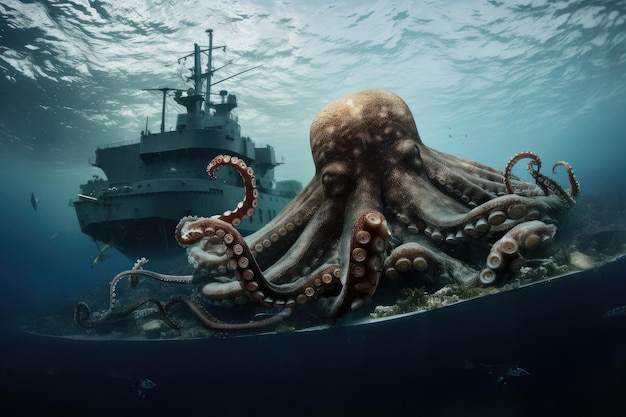 Octopus kraken ataca submarino con sus tentáculos envolviendo el barco