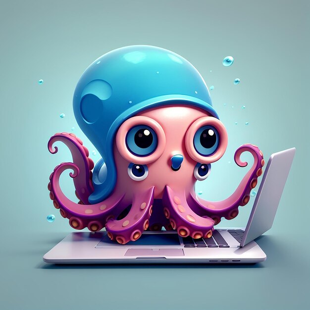 Foto octopus lindo trabajando en la computadora portátil icono vectorial de dibujos animados ilustración icono de tecnología animal concepto aislado vector plano estilo de dibujo animado premium