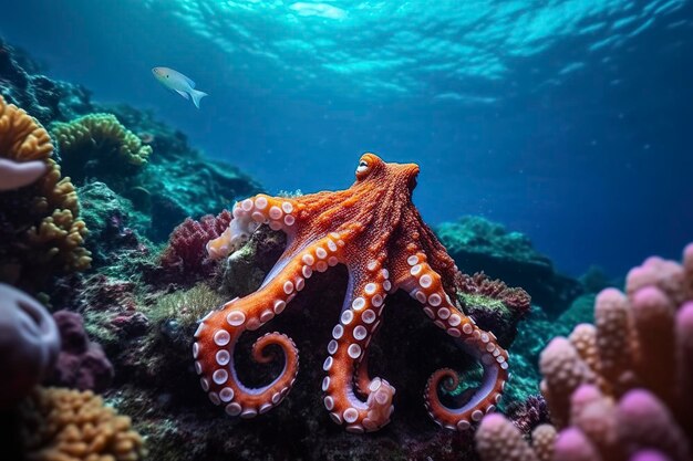 Octopus nadando debaixo do mar Belos subaquáticos e corais coloridos na natureza selvagem do Oceano Pacífico Gerar Ai