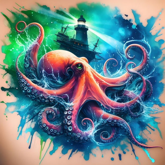 Foto octopus tatuado em aquarela