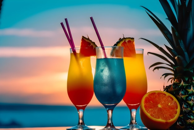 Óculos com coquetéis não alcoólicos em um fundo de verão Conceito de bebida refrescante de verão IA gerada