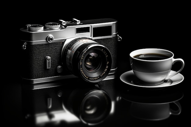 Foto Óculos de câmera retro vintage e xícara de café em fundo preto e branco