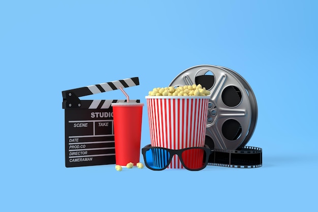 Óculos de pipoca 3D copos descartáveis de rolo de filme de cola vermelho e clapboard em fundo azul renderização 3D