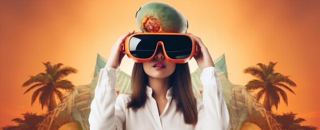 Foto Óculos de realidade virtual para mulheres tecnologia do futuro digital viagens abstratas vr néon ia generativa