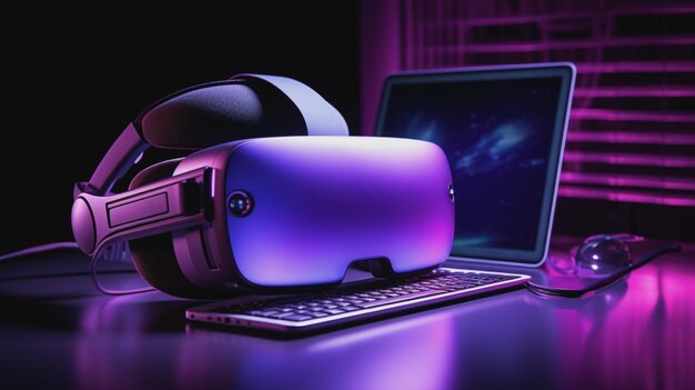 óculos de realidade virtual rosa e roxo sobre uma superfície preta no estilo de rastreamento de ondas quânticas