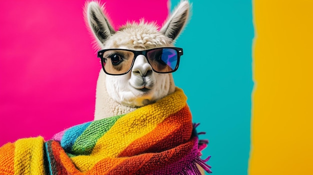 óculos de sol alpaca e lenço em estúdio com um fundo colorido e brilhante Generative Ai